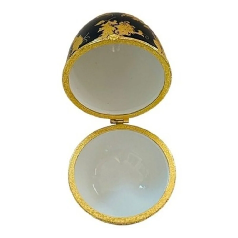 Vintage Cobalt Blue Gold Floral Porcelain Hinged Egg Trinket Box Jewelry Storage